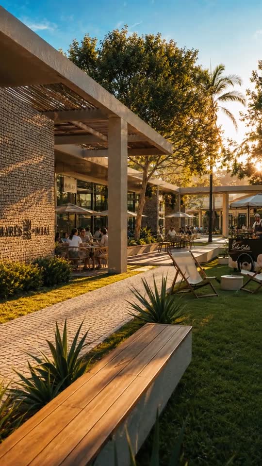 Praça com restaurantes e cafés