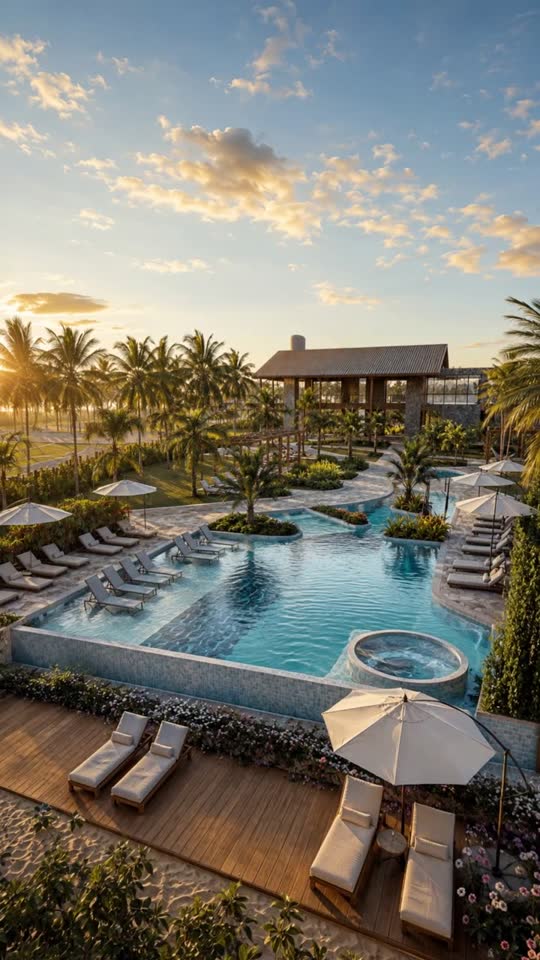 Beach club com piscina ao pôr do sol